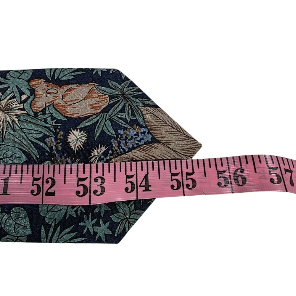 Australian Koala & Kangaroo Botanical Print Silk Necktie Blue‎ Green Handmade